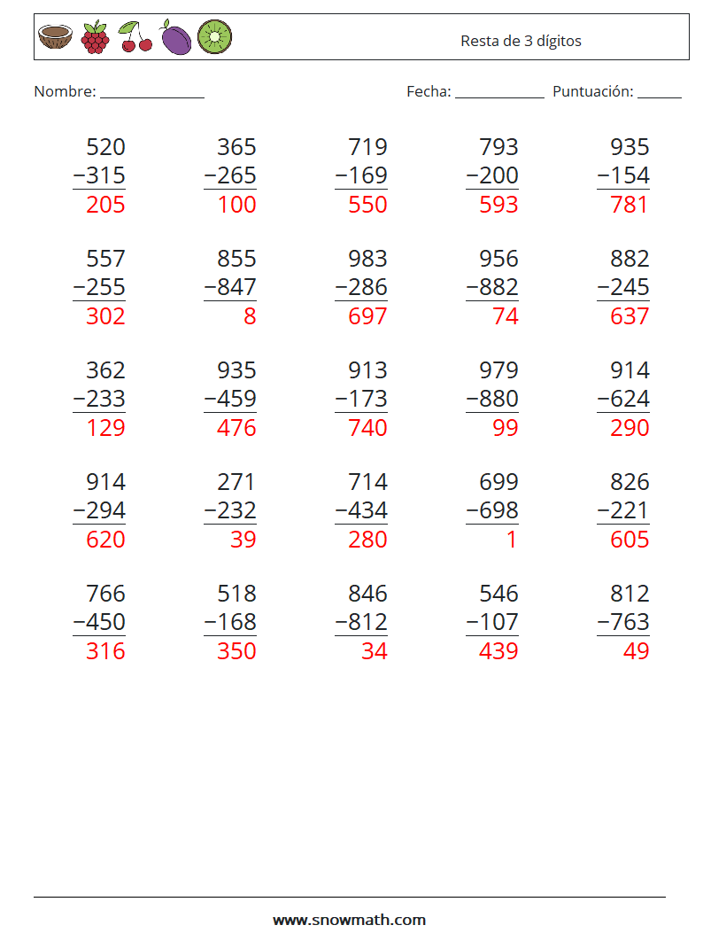 (25) Resta de 3 dígitos Hojas de trabajo de matemáticas 12 Pregunta, respuesta