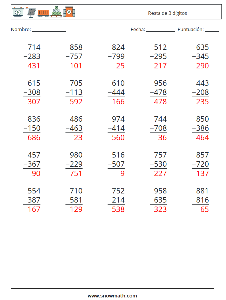 (25) Resta de 3 dígitos Hojas de trabajo de matemáticas 18 Pregunta, respuesta