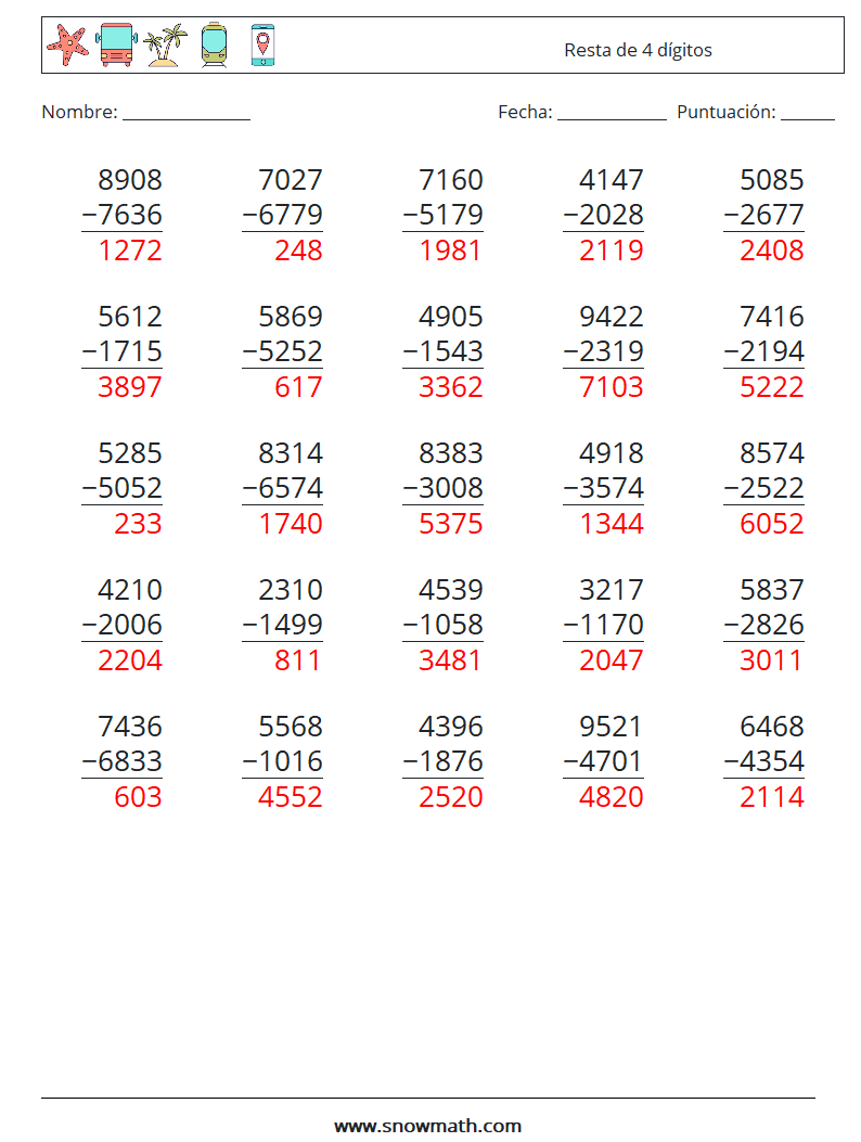 (25) resta de 4 dígitos Hojas de trabajo de matemáticas 10Hojas de ...