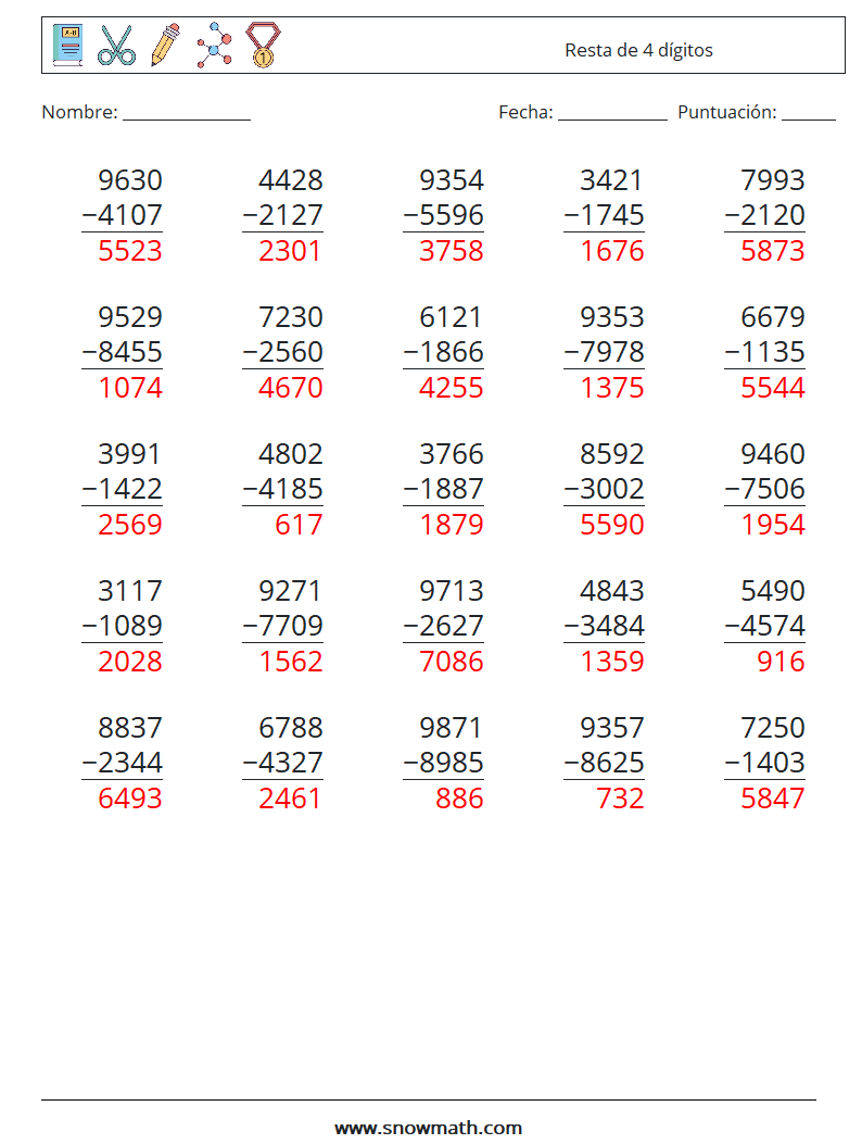 (25) Resta de 4 dígitos Hojas de trabajo de matemáticas 11 Pregunta, respuesta