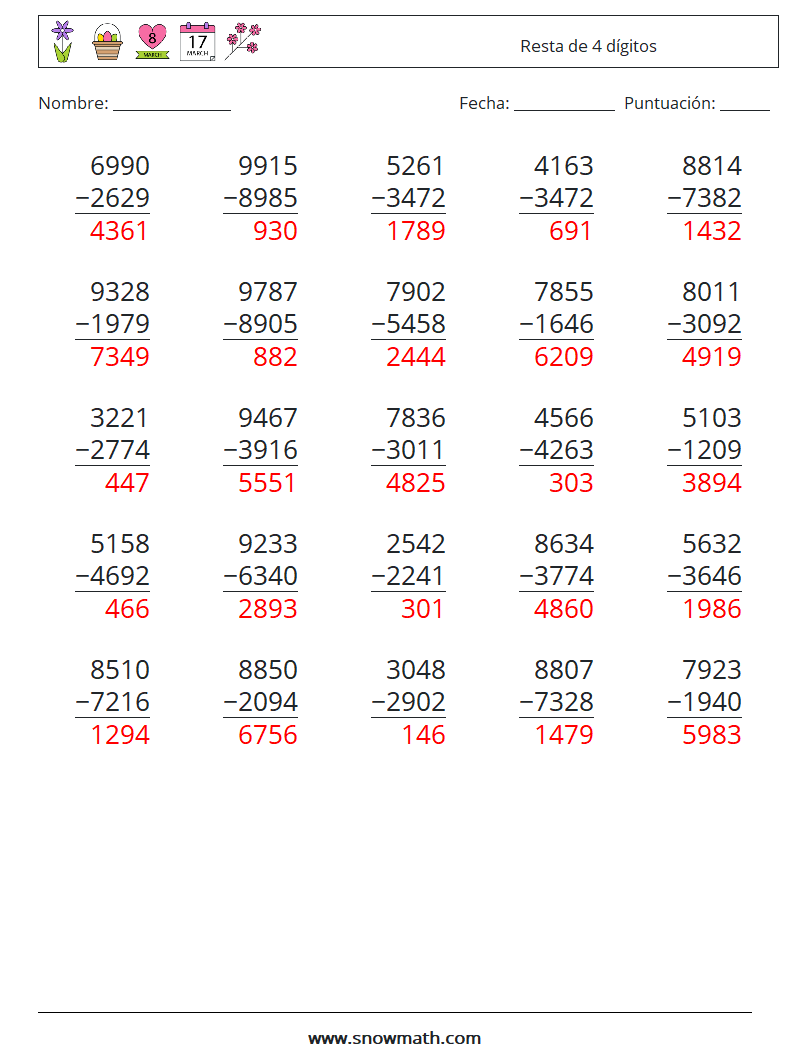 (25) Resta de 4 dígitos Hojas de trabajo de matemáticas 12 Pregunta, respuesta