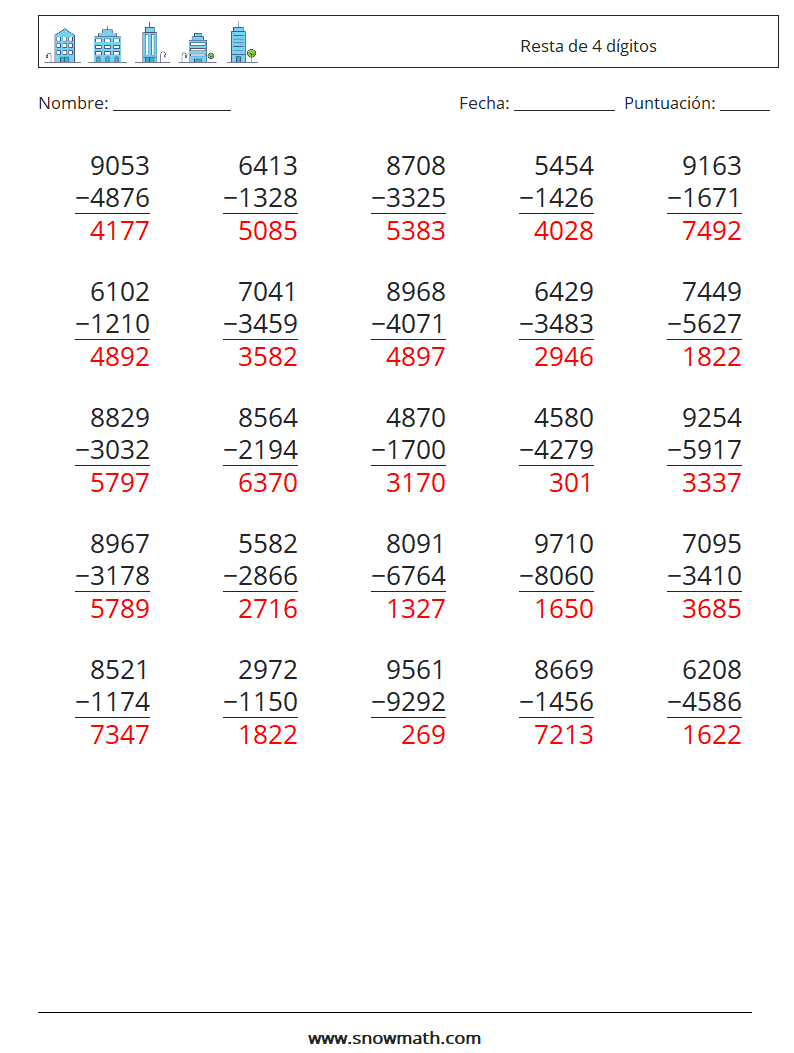 (25) Resta de 4 dígitos Hojas de trabajo de matemáticas 18 Pregunta, respuesta