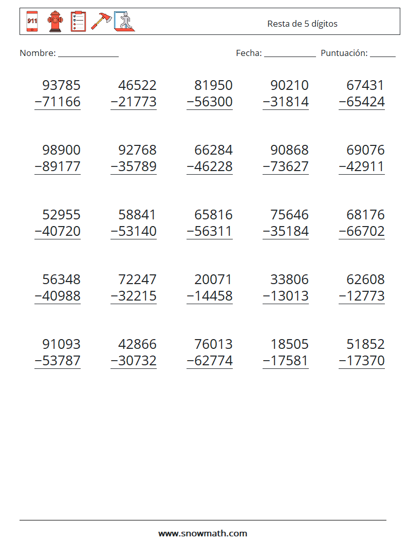 (25) resta de 5 dígitos Hojas de trabajo de matemáticas 1Hojas de ...