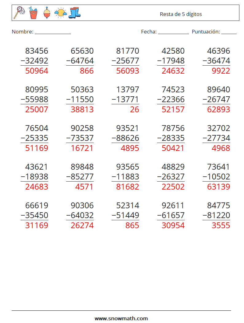 (25) Resta de 5 dígitos Hojas de trabajo de matemáticas 10 Pregunta, respuesta