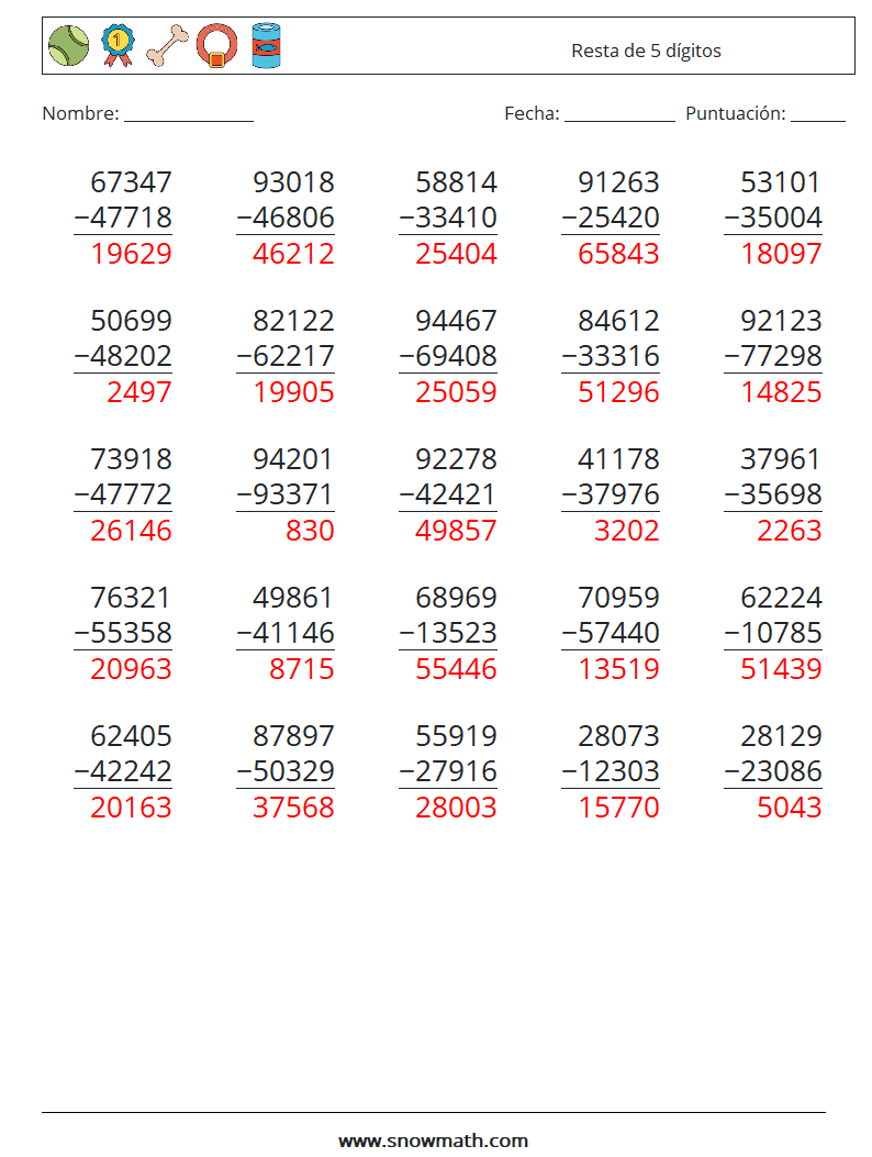 (25) Resta de 5 dígitos Hojas de trabajo de matemáticas 11 Pregunta, respuesta