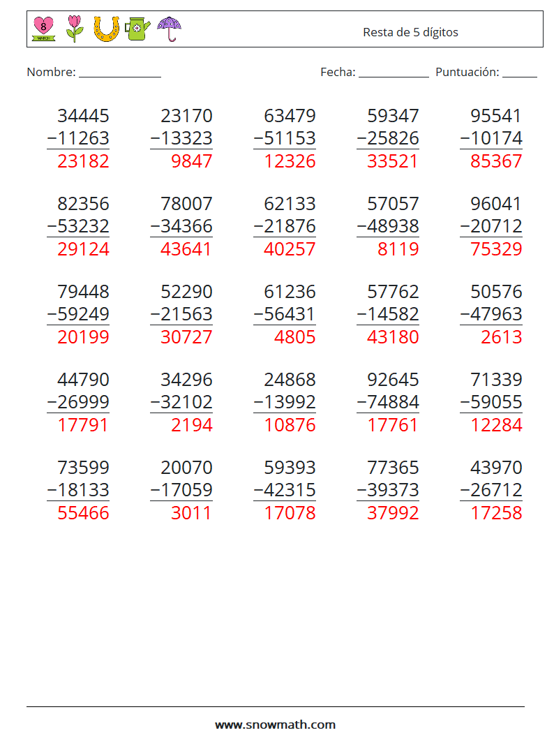 (25) Resta de 5 dígitos Hojas de trabajo de matemáticas 12 Pregunta, respuesta