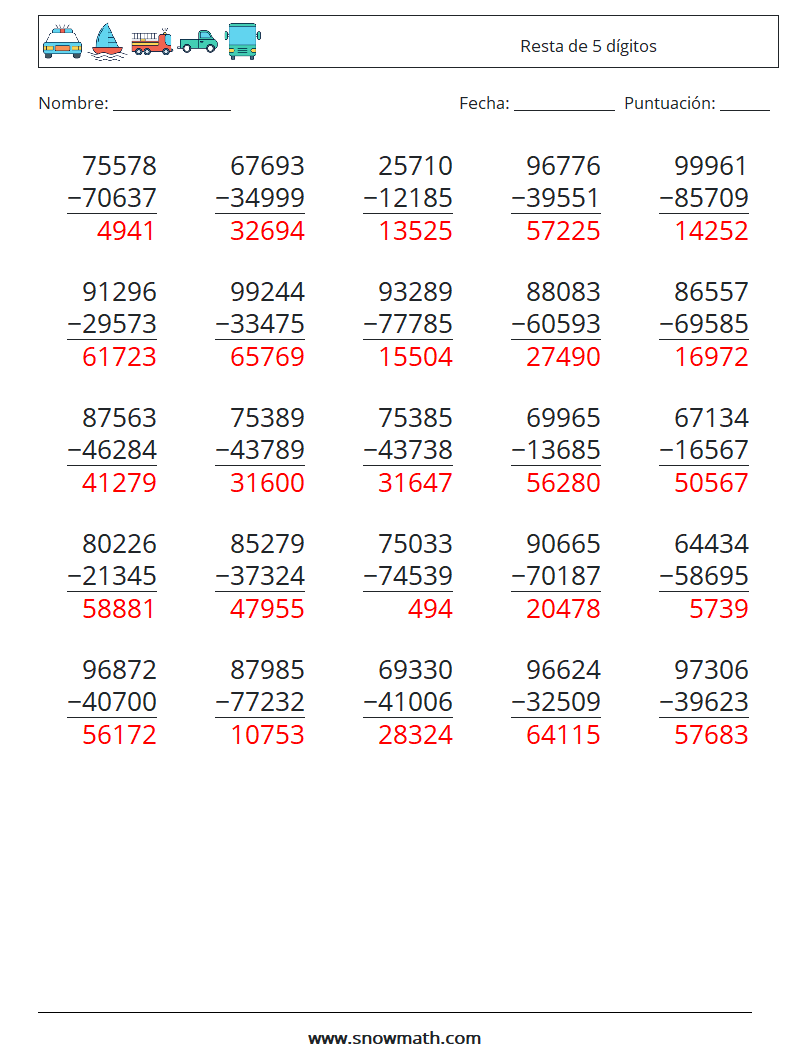 (25) Resta de 5 dígitos Hojas de trabajo de matemáticas 13 Pregunta, respuesta