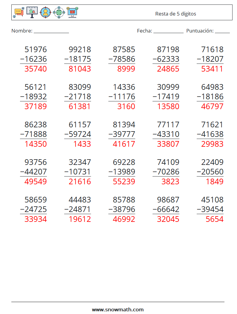 (25) Resta de 5 dígitos Hojas de trabajo de matemáticas 15 Pregunta, respuesta