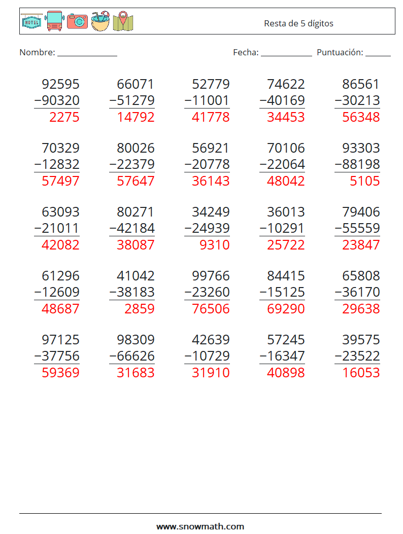 (25) Resta de 5 dígitos Hojas de trabajo de matemáticas 16 Pregunta, respuesta