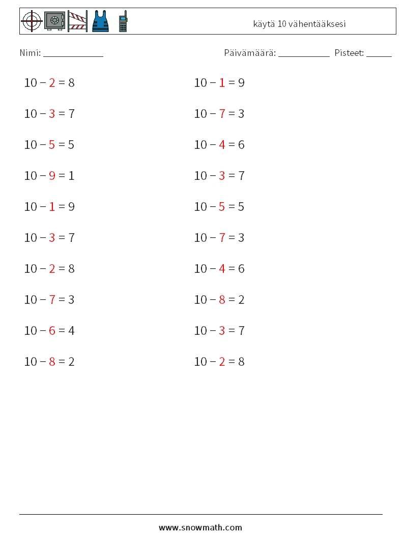(20) käytä 10 vähentääksesi Matematiikan laskentataulukot 1 Kysymys, vastaus