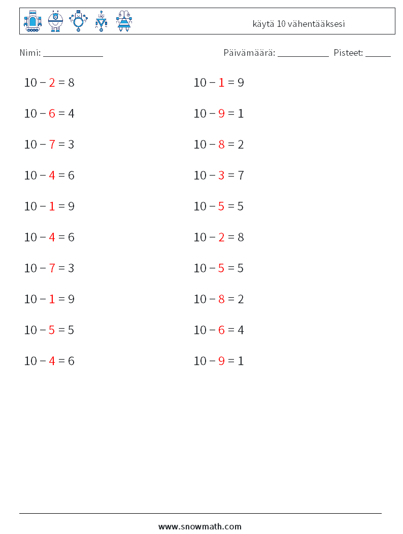 (20) käytä 10 vähentääksesi Matematiikan laskentataulukot 2 Kysymys, vastaus