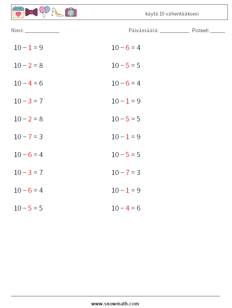 (20) käytä 10 vähentääksesi Matematiikan laskentataulukot 3 Kysymys, vastaus