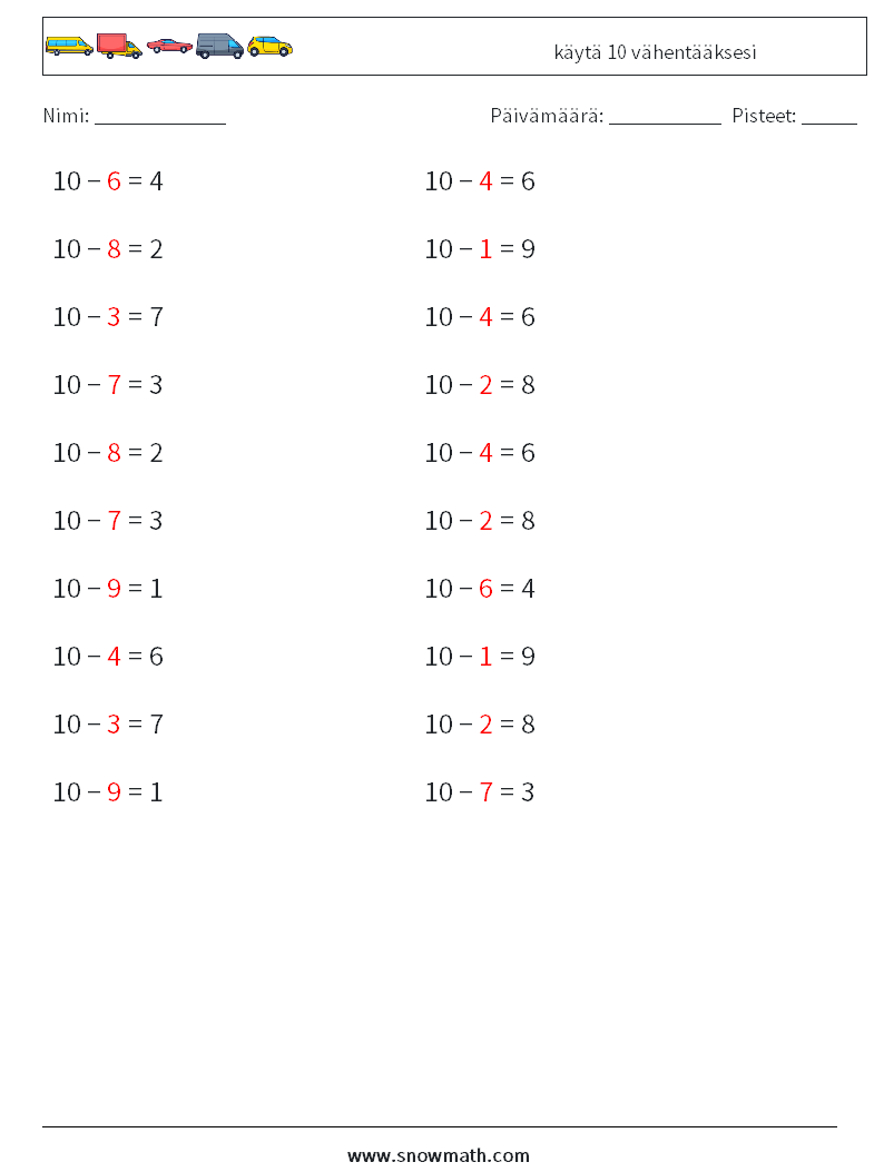 (20) käytä 10 vähentääksesi Matematiikan laskentataulukot 4 Kysymys, vastaus