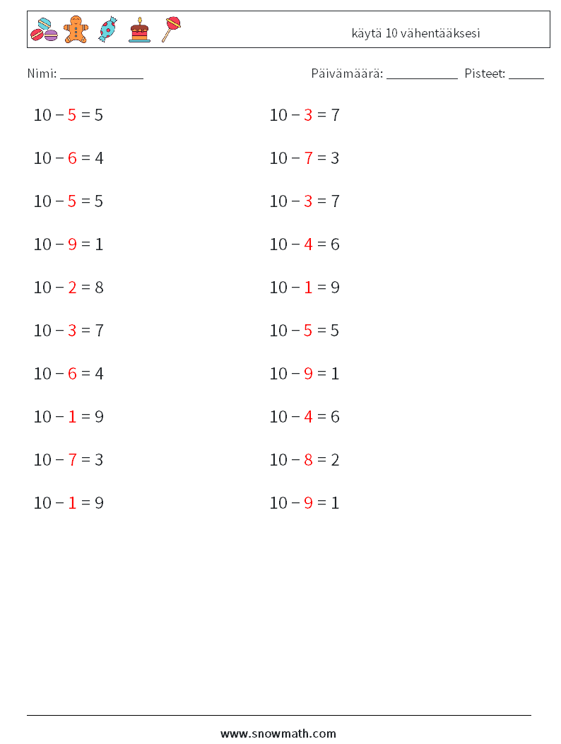 (20) käytä 10 vähentääksesi Matematiikan laskentataulukot 5 Kysymys, vastaus