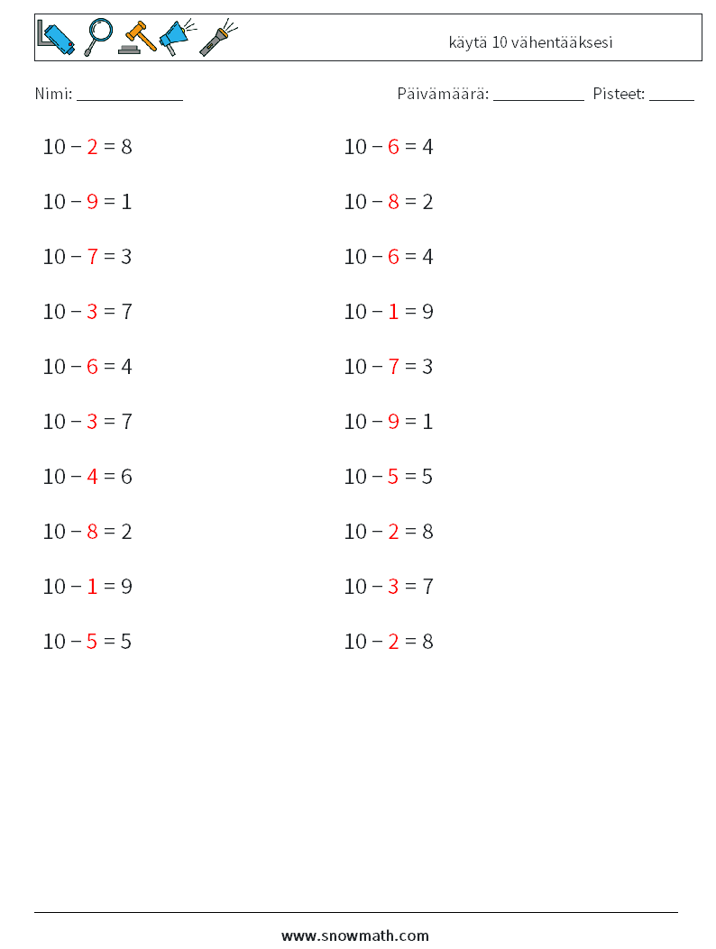 (20) käytä 10 vähentääksesi Matematiikan laskentataulukot 6 Kysymys, vastaus