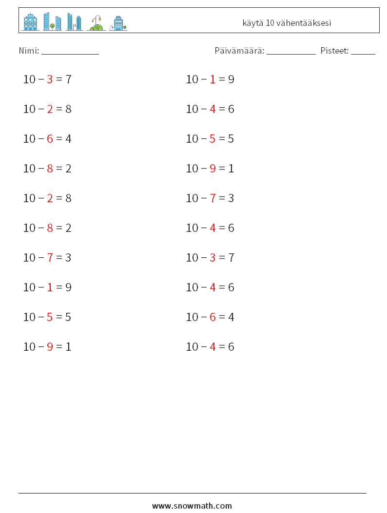 (20) käytä 10 vähentääksesi Matematiikan laskentataulukot 8 Kysymys, vastaus