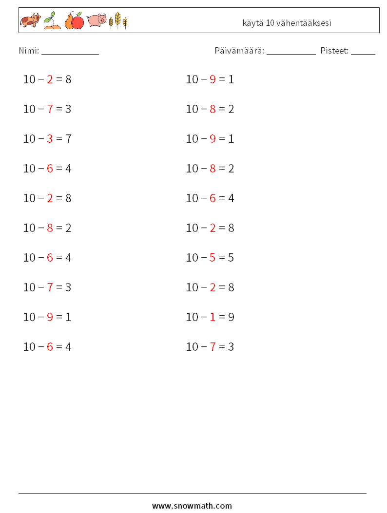 (20) käytä 10 vähentääksesi Matematiikan laskentataulukot 9 Kysymys, vastaus