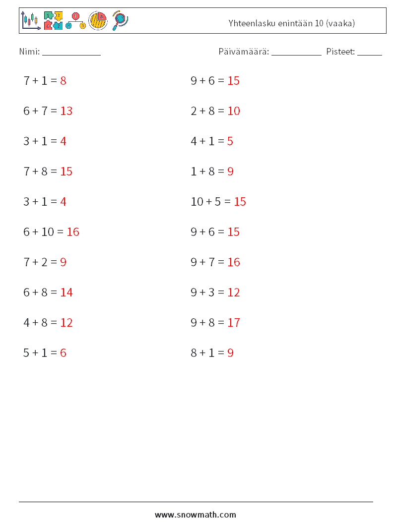 (20) Yhteenlasku enintään 10 (vaaka) Matematiikan laskentataulukot 1 Kysymys, vastaus
