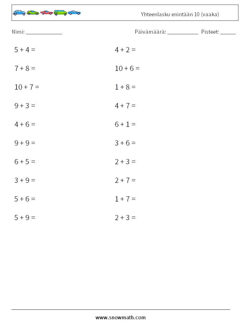 (20) Yhteenlasku enintään 10 (vaaka) Matematiikan laskentataulukot 2