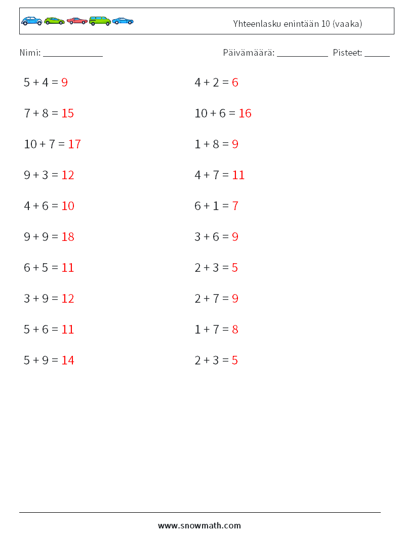 (20) Yhteenlasku enintään 10 (vaaka) Matematiikan laskentataulukot 2 Kysymys, vastaus