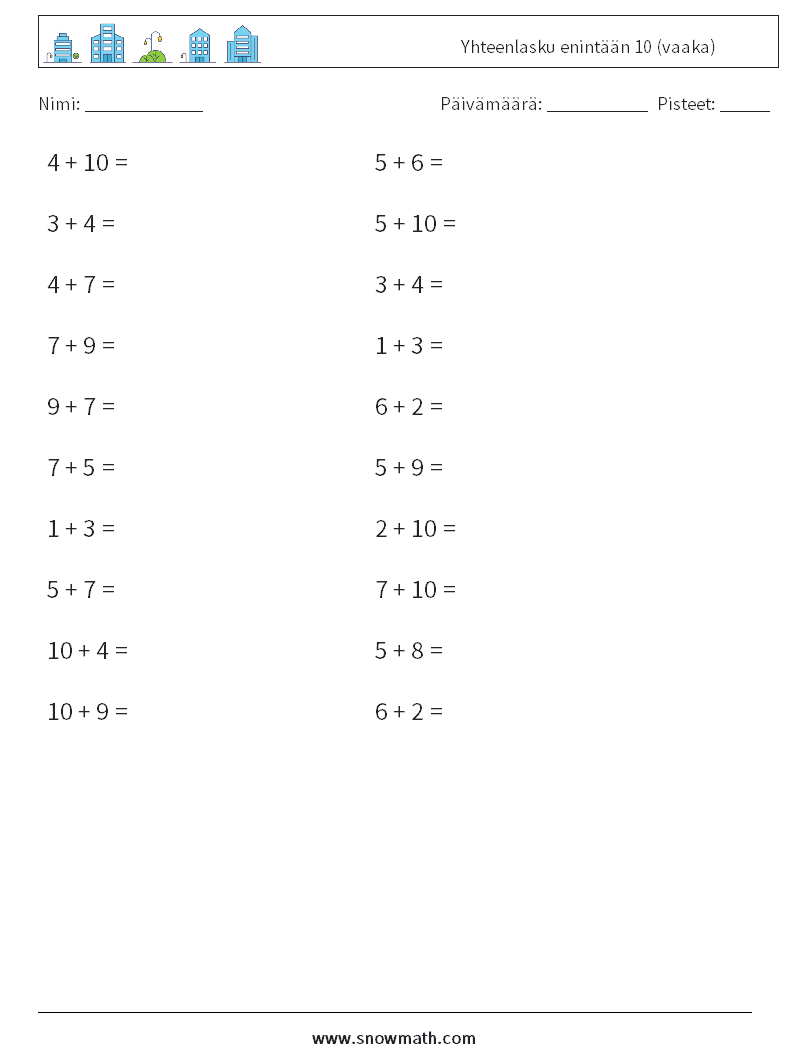 (20) Yhteenlasku enintään 10 (vaaka) Matematiikan laskentataulukot 3