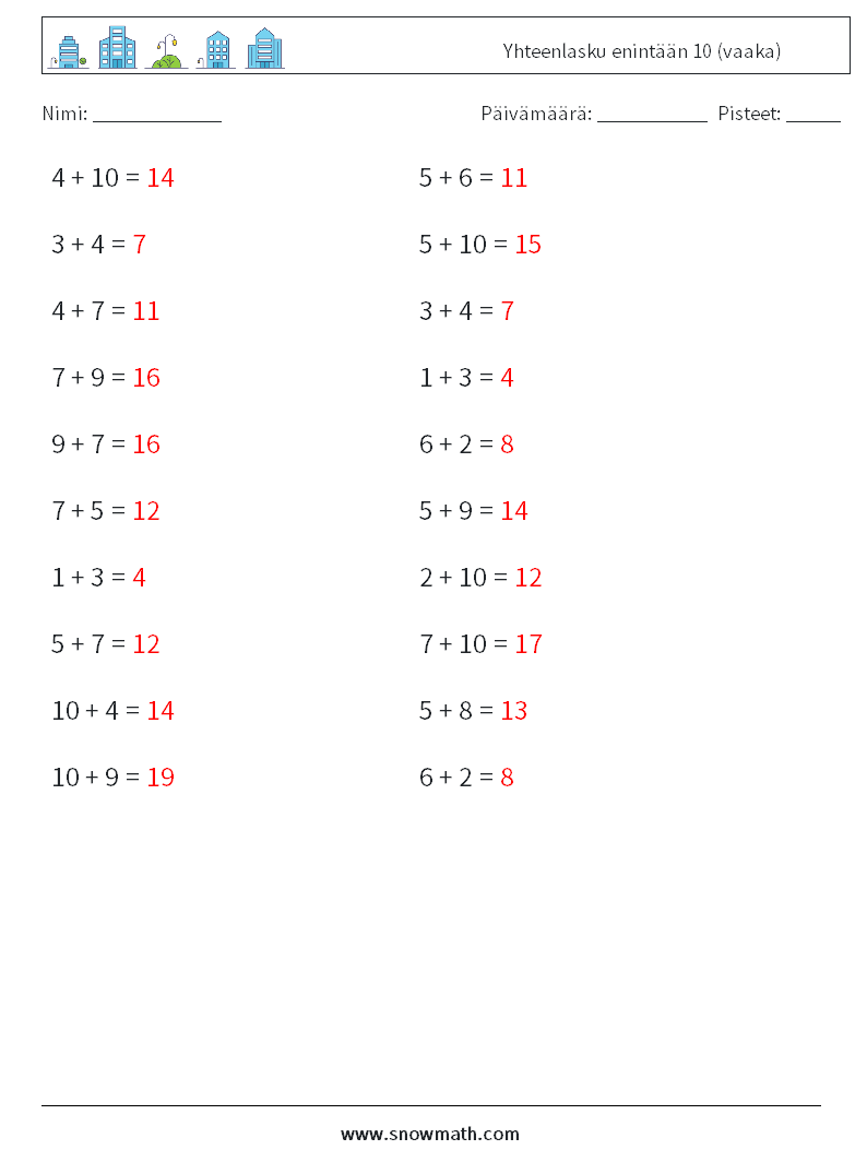 (20) Yhteenlasku enintään 10 (vaaka) Matematiikan laskentataulukot 3 Kysymys, vastaus