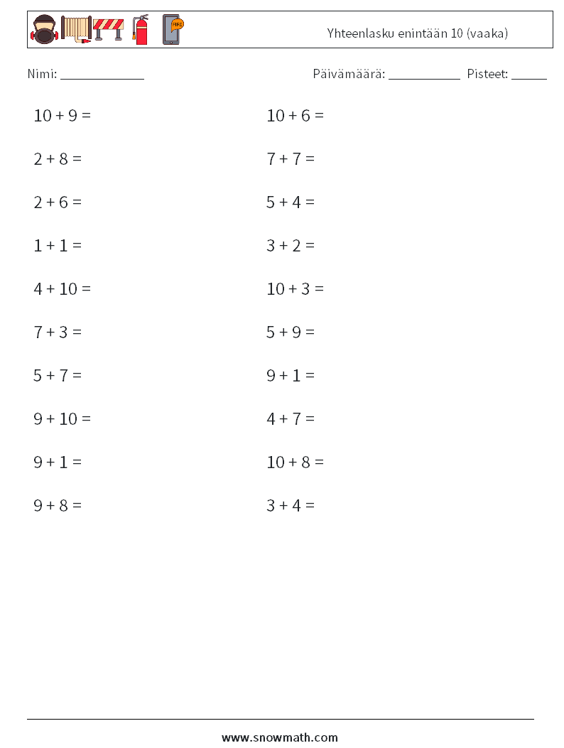 (20) Yhteenlasku enintään 10 (vaaka) Matematiikan laskentataulukot 4