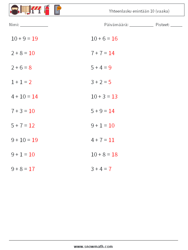(20) Yhteenlasku enintään 10 (vaaka) Matematiikan laskentataulukot 4 Kysymys, vastaus