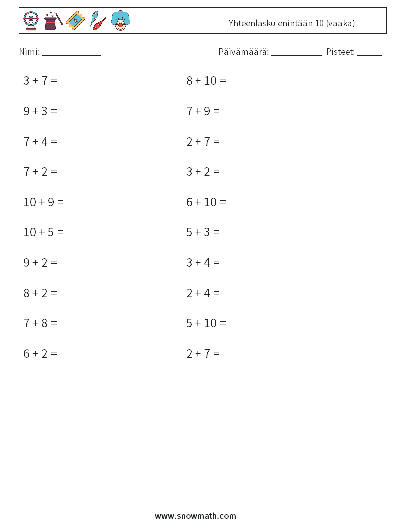 (20) Yhteenlasku enintään 10 (vaaka) Matematiikan laskentataulukot 5