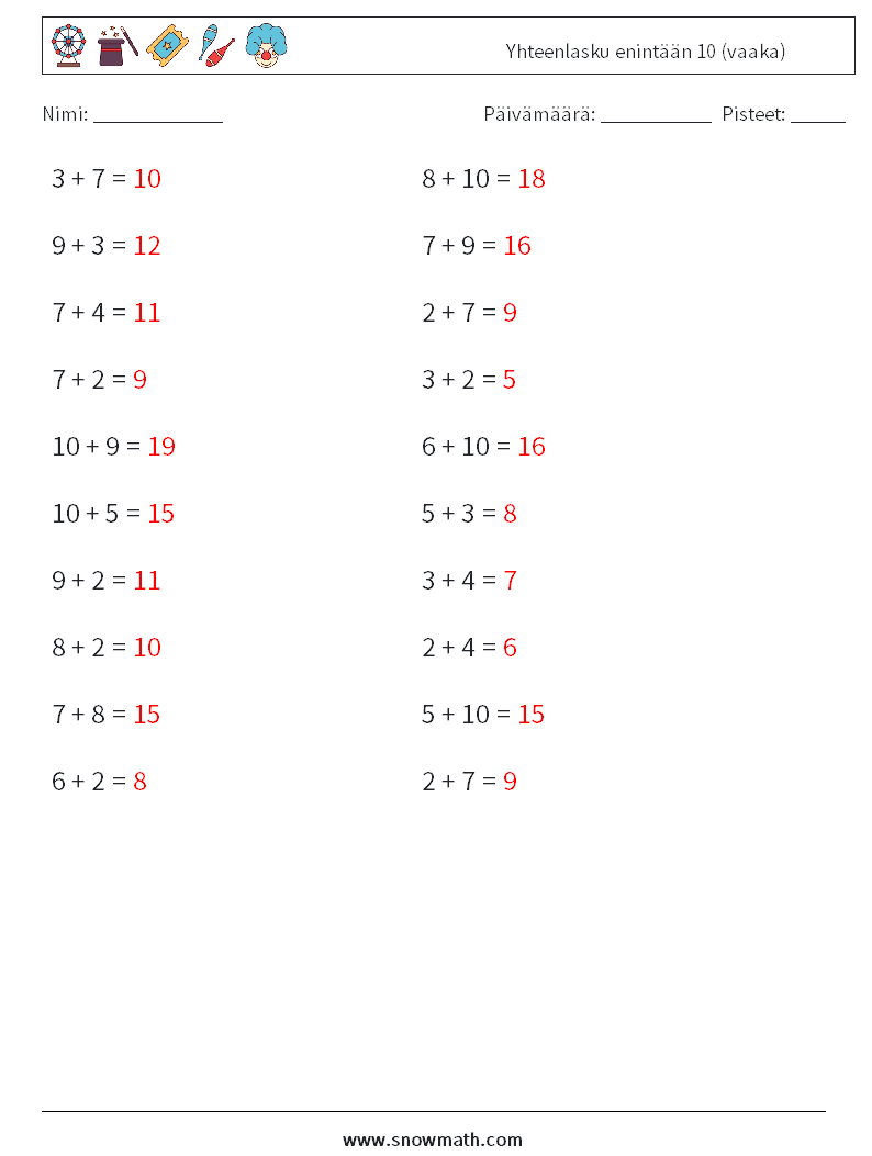 (20) Yhteenlasku enintään 10 (vaaka) Matematiikan laskentataulukot 5 Kysymys, vastaus