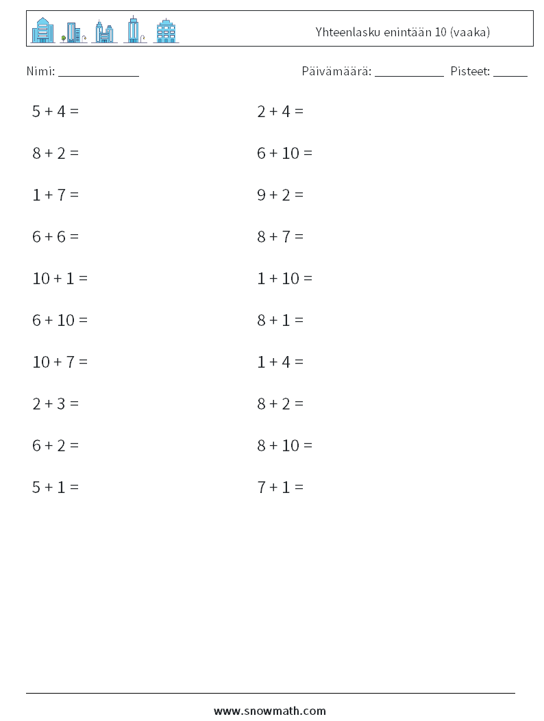 (20) Yhteenlasku enintään 10 (vaaka) Matematiikan laskentataulukot 6