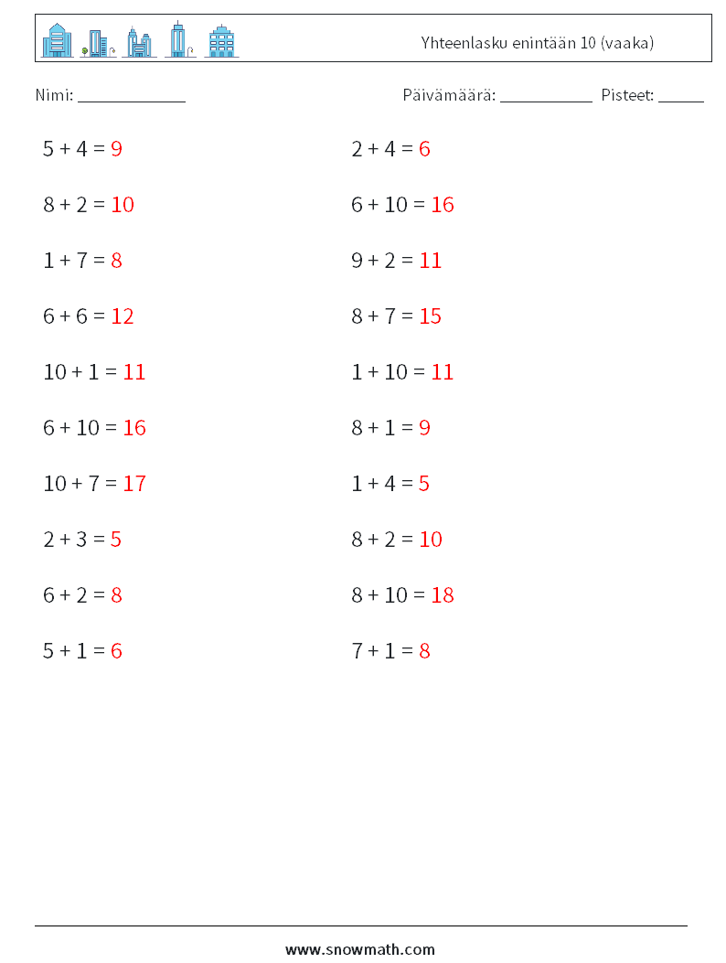 (20) Yhteenlasku enintään 10 (vaaka) Matematiikan laskentataulukot 6 Kysymys, vastaus