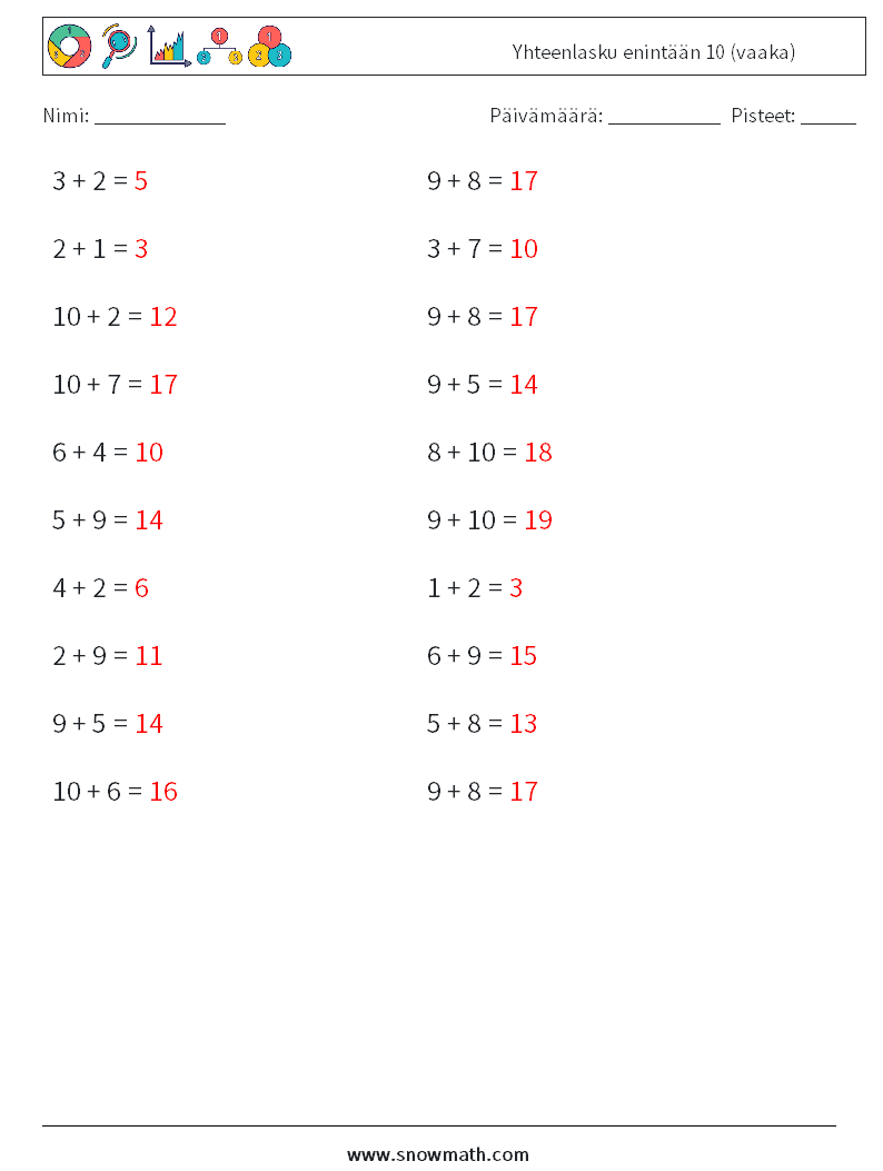 (20) Yhteenlasku enintään 10 (vaaka) Matematiikan laskentataulukot 7 Kysymys, vastaus