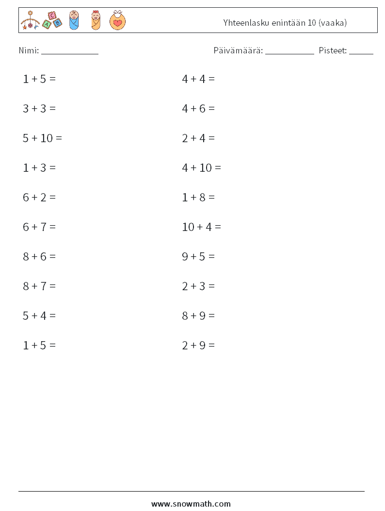 (20) Yhteenlasku enintään 10 (vaaka) Matematiikan laskentataulukot 8