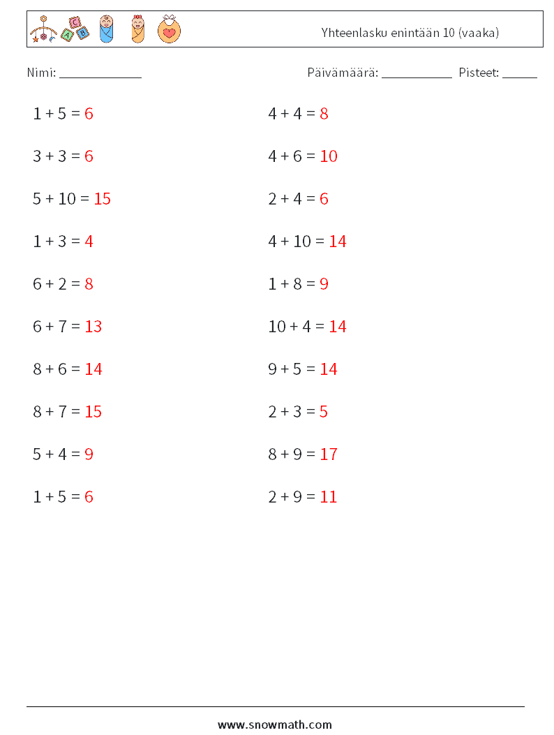 (20) Yhteenlasku enintään 10 (vaaka) Matematiikan laskentataulukot 8 Kysymys, vastaus