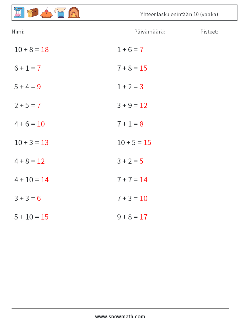(20) Yhteenlasku enintään 10 (vaaka) Matematiikan laskentataulukot 9 Kysymys, vastaus