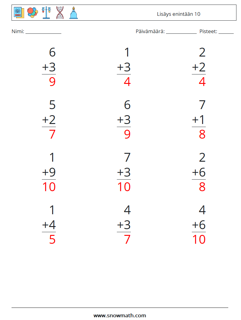 (12) Lisäys enintään 10 Matematiikan laskentataulukot 1 Kysymys, vastaus