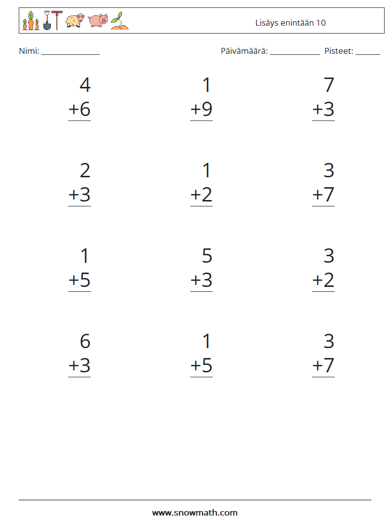 (12) Lisäys enintään 10 Matematiikan laskentataulukot 2