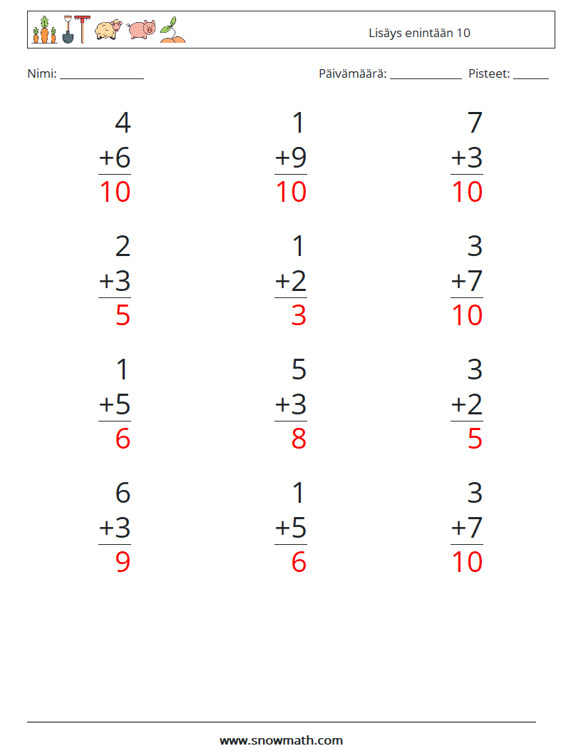 (12) Lisäys enintään 10 Matematiikan laskentataulukot 2 Kysymys, vastaus