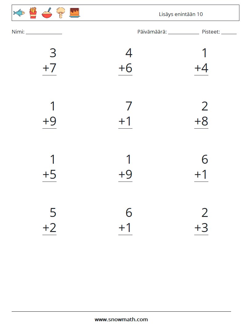 (12) Lisäys enintään 10 Matematiikan laskentataulukot 3