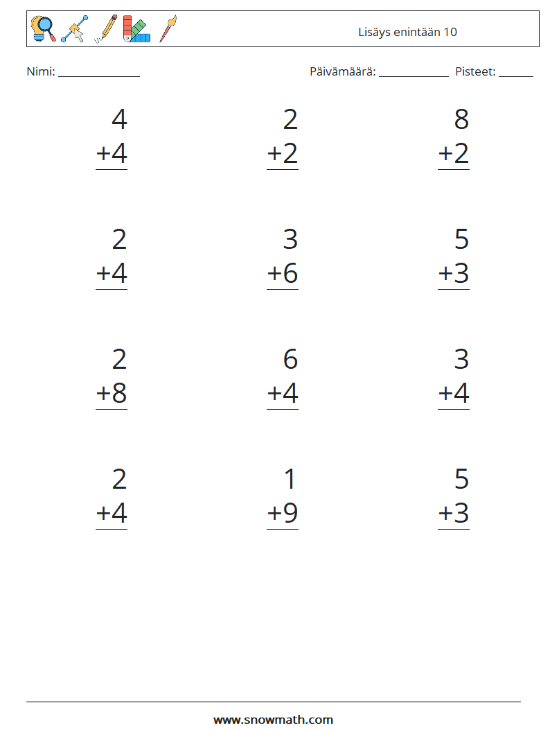 (12) Lisäys enintään 10 Matematiikan laskentataulukot 4