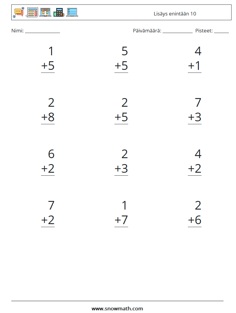 (12) Lisäys enintään 10 Matematiikan laskentataulukot 5