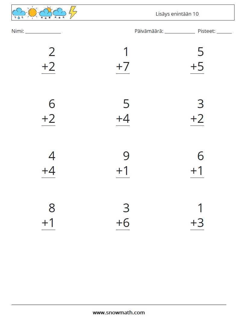 (12) Lisäys enintään 10 Matematiikan laskentataulukot 6