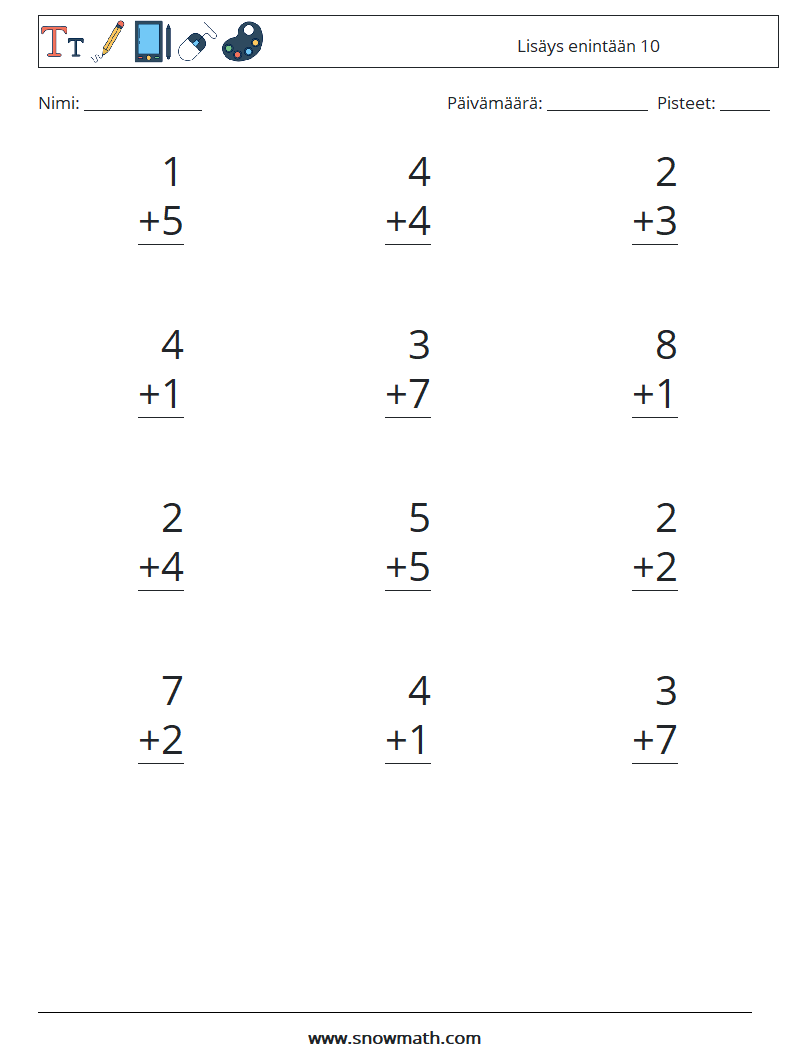 (12) Lisäys enintään 10 Matematiikan laskentataulukot 8