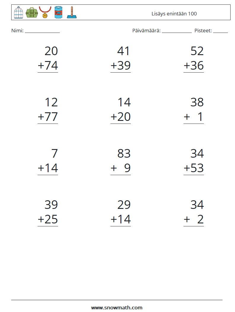 (12) Lisäys enintään 100 Matematiikan laskentataulukot 6