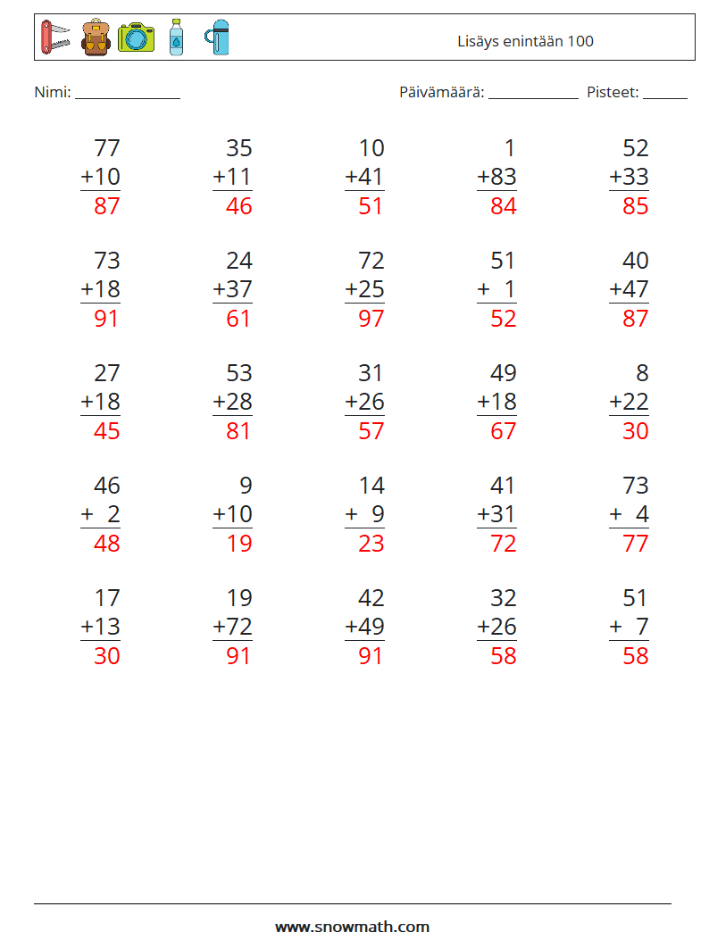 (25) Lisäys enintään 100 Matematiikan laskentataulukot 12 Kysymys, vastaus