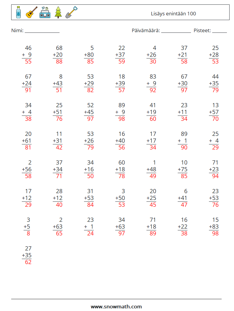 (50) Lisäys enintään 100 Matematiikan laskentataulukot 14 Kysymys, vastaus