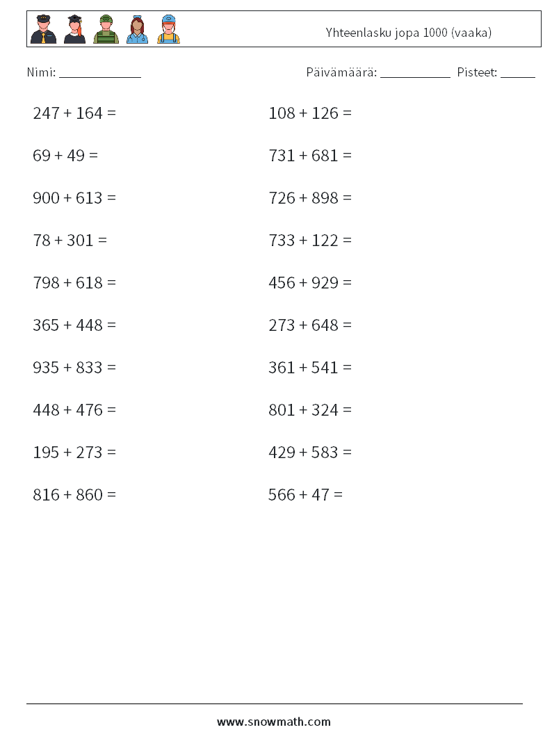 (20) Yhteenlasku jopa 1000 (vaaka) Matematiikan laskentataulukot 3