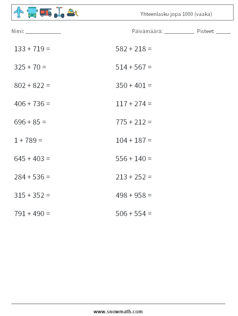 (20) Yhteenlasku jopa 1000 (vaaka) Matematiikan laskentataulukot 4