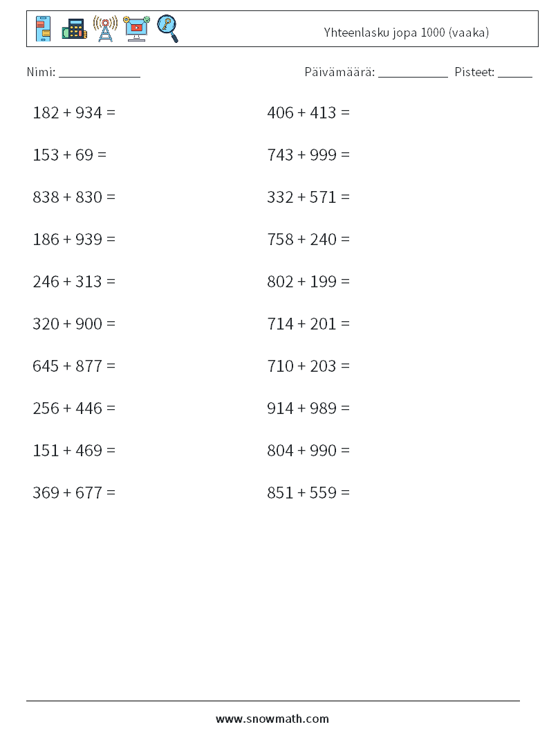 (20) Yhteenlasku jopa 1000 (vaaka) Matematiikan laskentataulukot 8